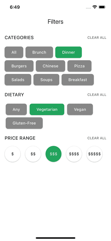 Flutter Restaurant Filters Page for Food App